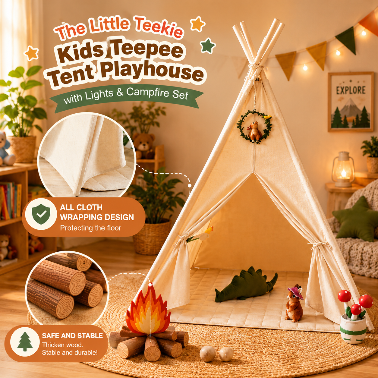 Little Teekie Kids Teepee Tent Playhouse with Lights & Campfire Set