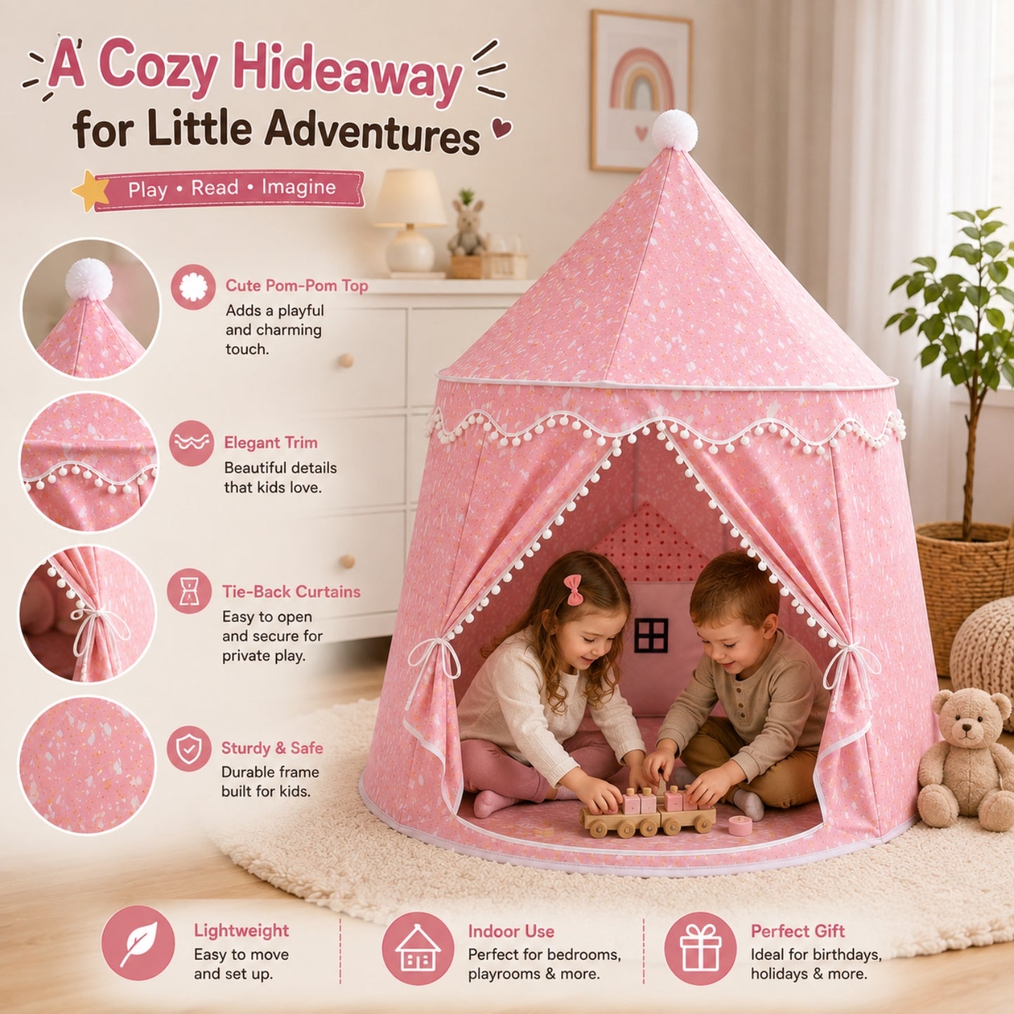 Kids Play Tent Indoor Princess Teepee | Pink Cotton