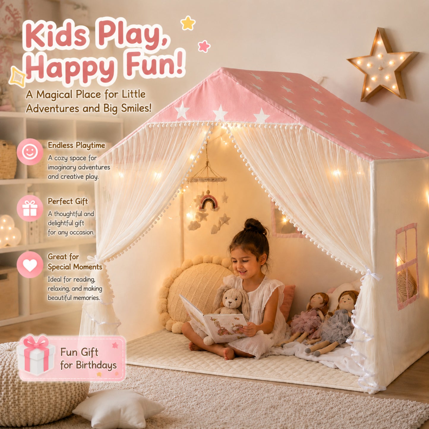 Little Teekie Pink Star Kids Play Tent with Padded Mat & Lights