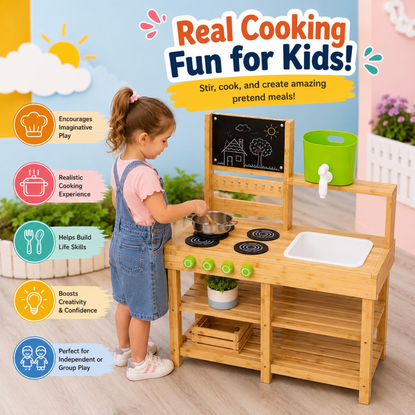 Little Teekie Wooden Outdoor Mud Kitchen with Blackboard