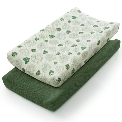 LittleTeekies_MuslinCotton_BabyDiaperChangingPadCover_NewbornBabyChangingMatCover_darkgreen