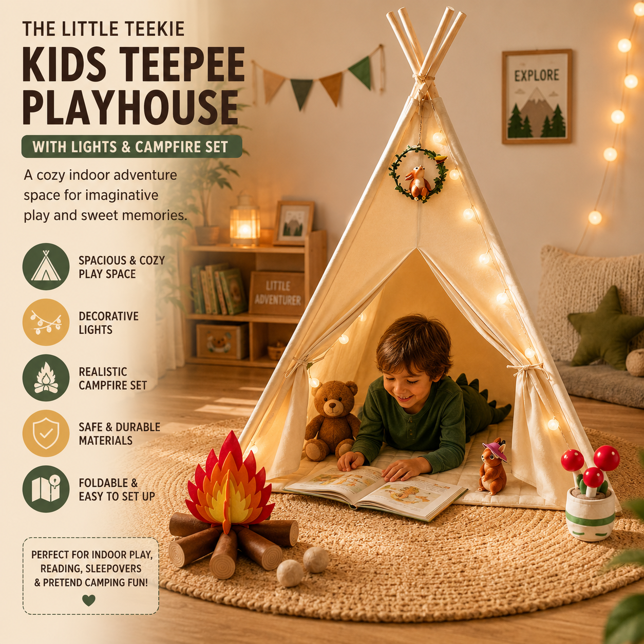 Little Teekie Kids Teepee Tent Playhouse with Lights & Campfire Set