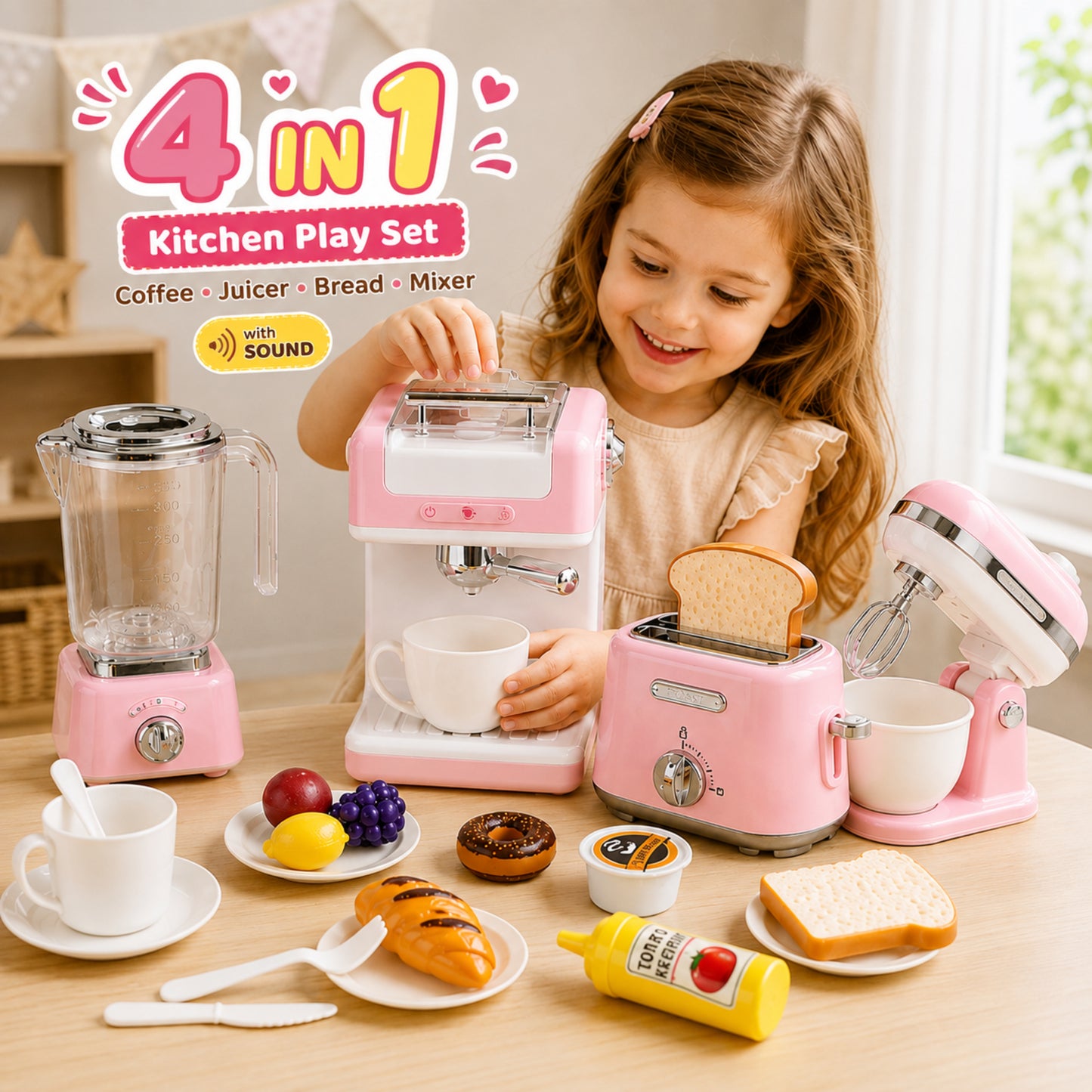 Little Teekie 4-in-1 Kitchen Play Utensils with Coffee Machine, Juicer, Bread Machine and Mixer