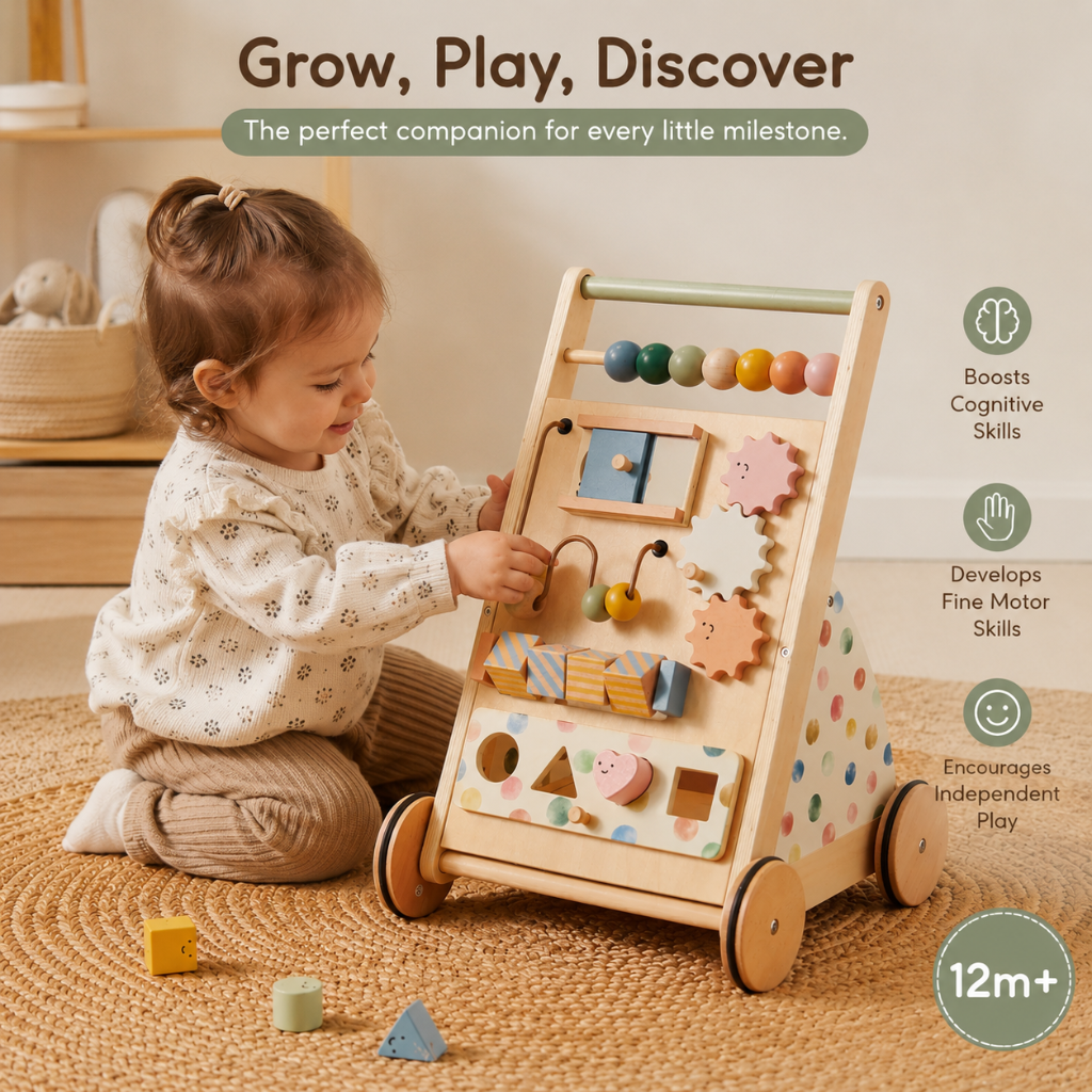 Little Teekies Wooden Baby Walker with Activity Board for Toddlers