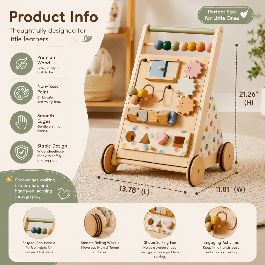 Little Teekies Wooden Baby Walker with Activity Board for Toddlers