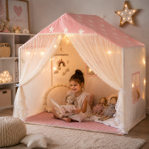 Little Teekie Pink Star Kids Play Tent with Padded Mat & Lights