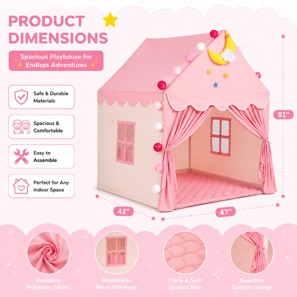 Little Teekie Pink Princess Play Tent with Padded Mat & Lights