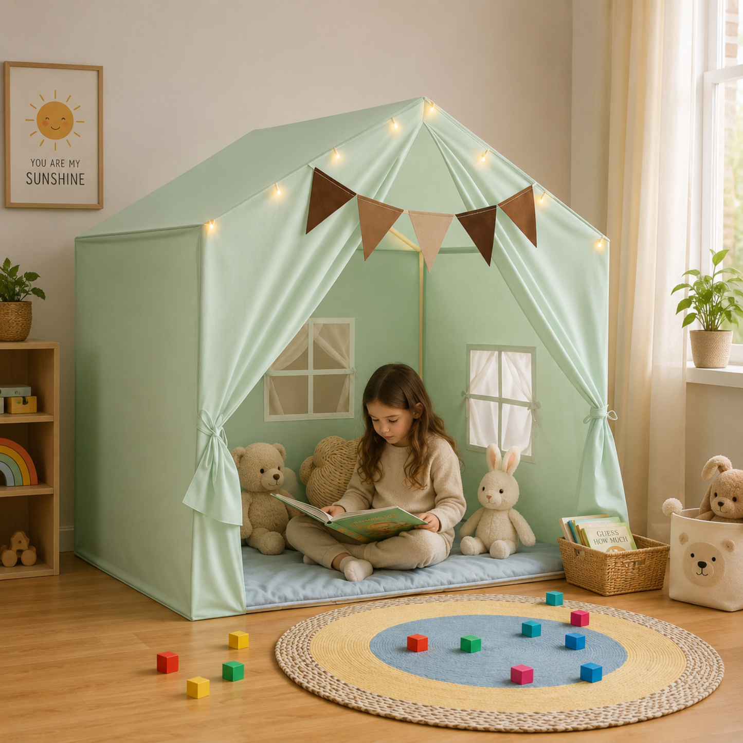 Little Teekie Boho Kids Play Tent with Curtains & Lights