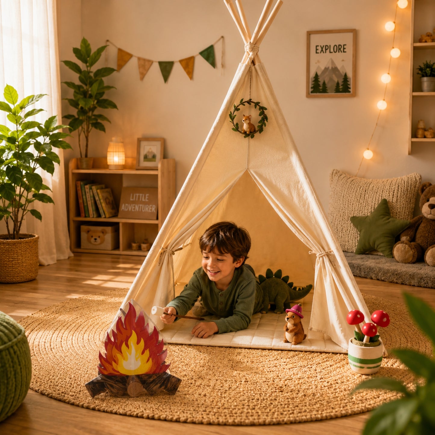 Little Teekie Kids Teepee Tent Playhouse with Lights & Campfire Set