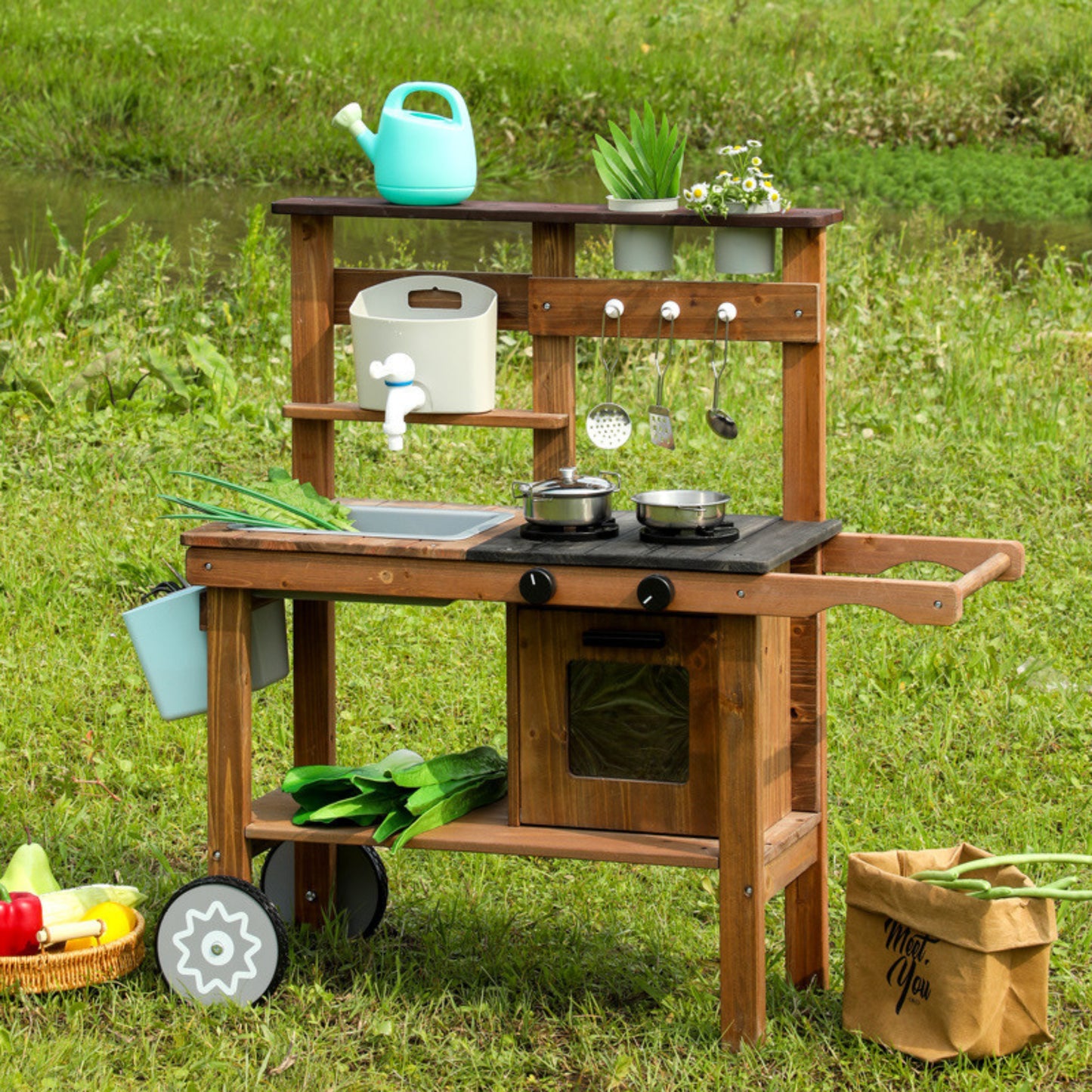 Little Teekie Outdoor Wooden Mud Kitchen with Running Water & Wheels