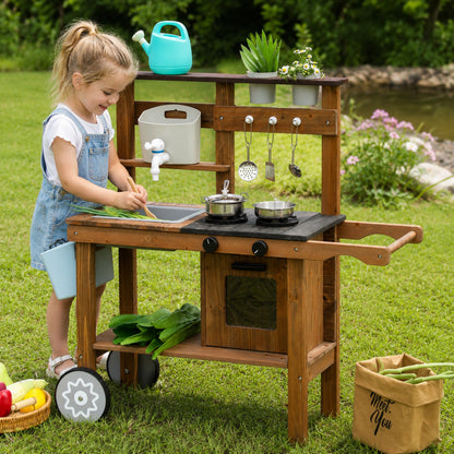 Little Teekie Outdoor Wooden Mud Kitchen with Running Water & Wheels