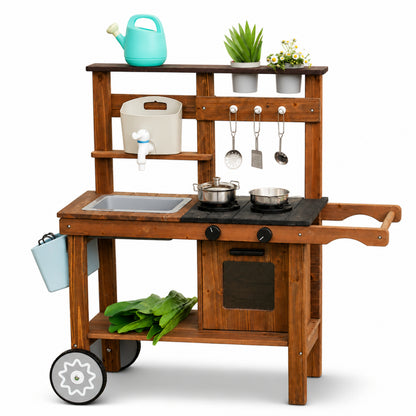 Little Teekie Outdoor Wooden Mud Kitchen with Running Water & Wheels