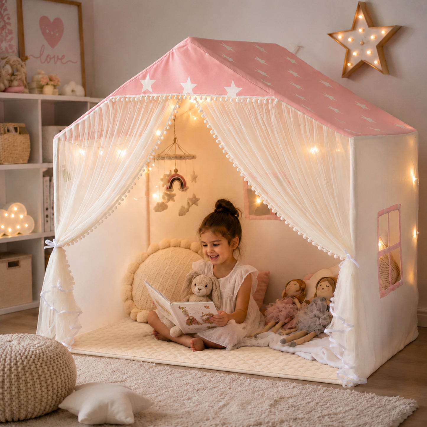 Little Teekie Pink Star Kids Play Tent with Padded Mat & Lights