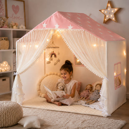 Little Teekie Pink Star Kids Play Tent with Padded Mat & Lights