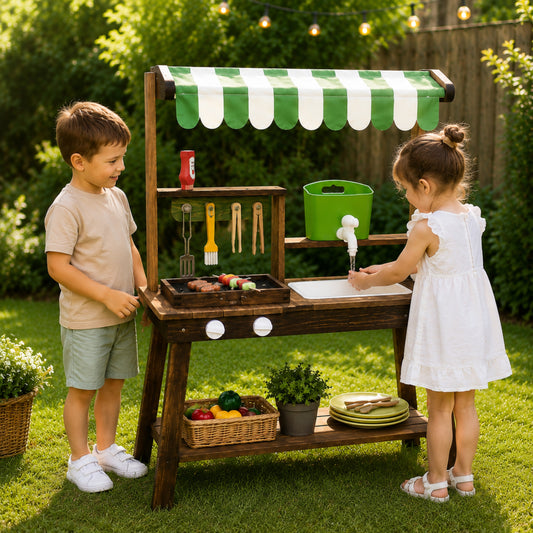 Little Teekie Wooden Outdoor BBQ Kitchen with Canopy