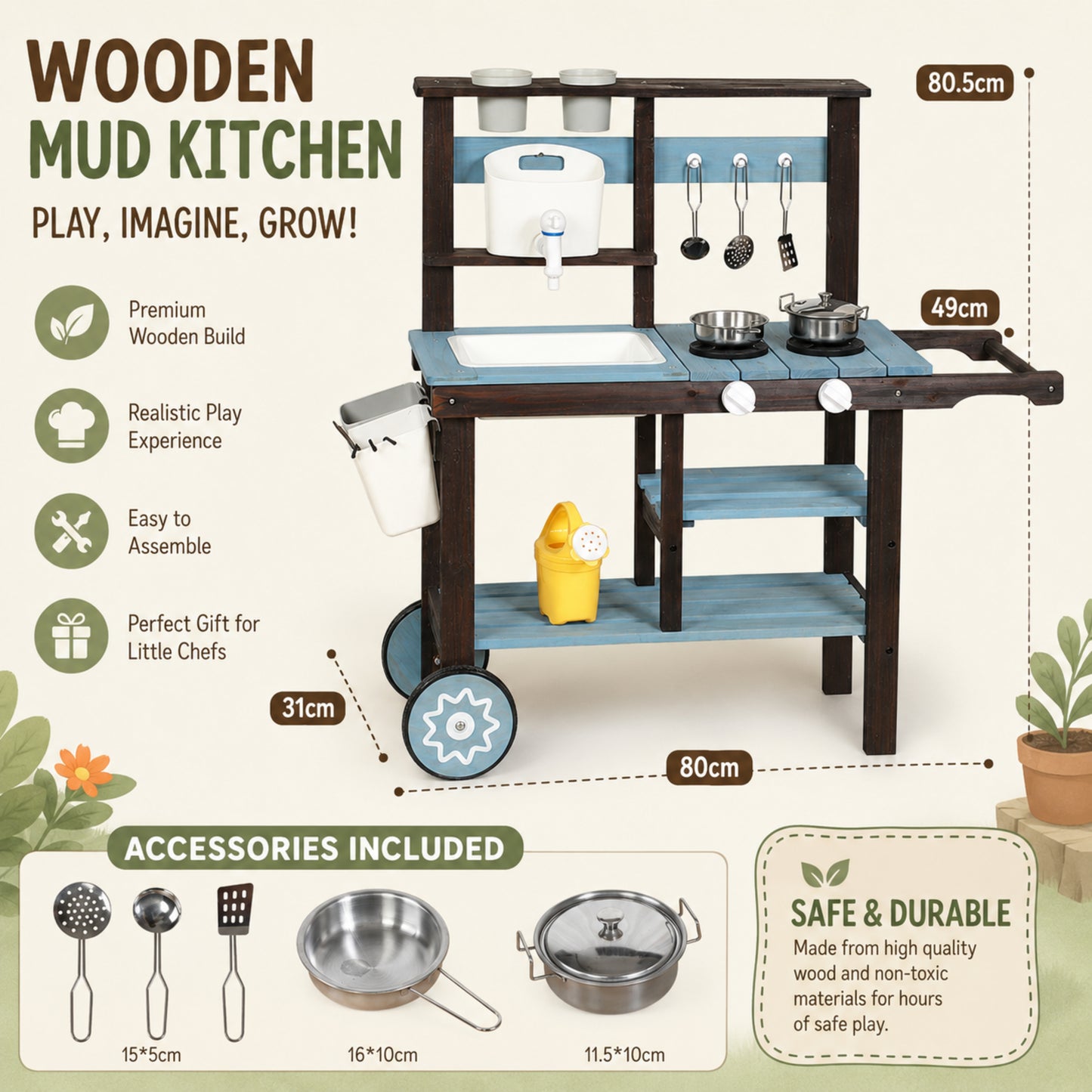 Little Teekie Wooden Mud Kitchen with Cooking Accessories
