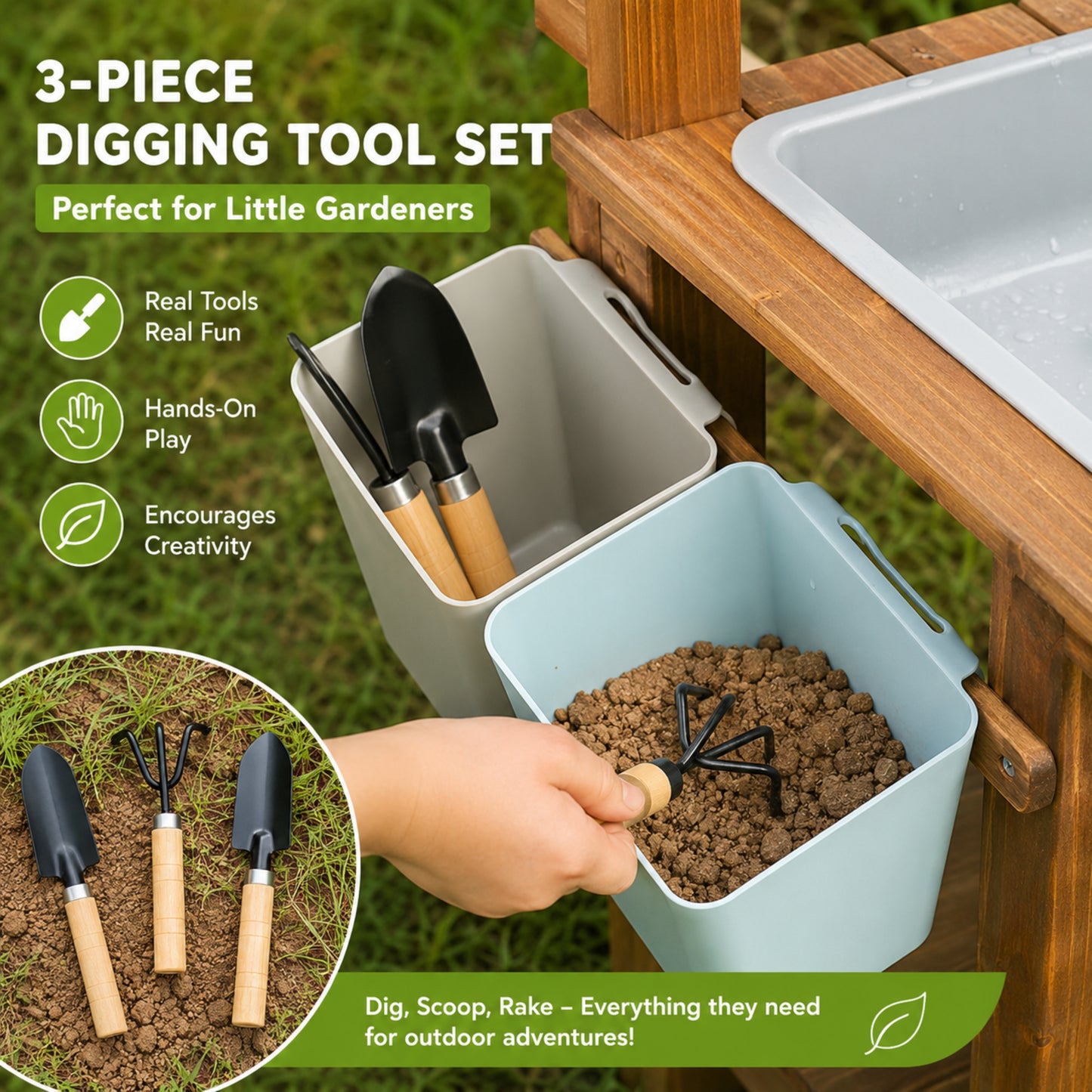 Little Teekie Outdoor Wooden Mud Kitchen with Running Water & Wheels