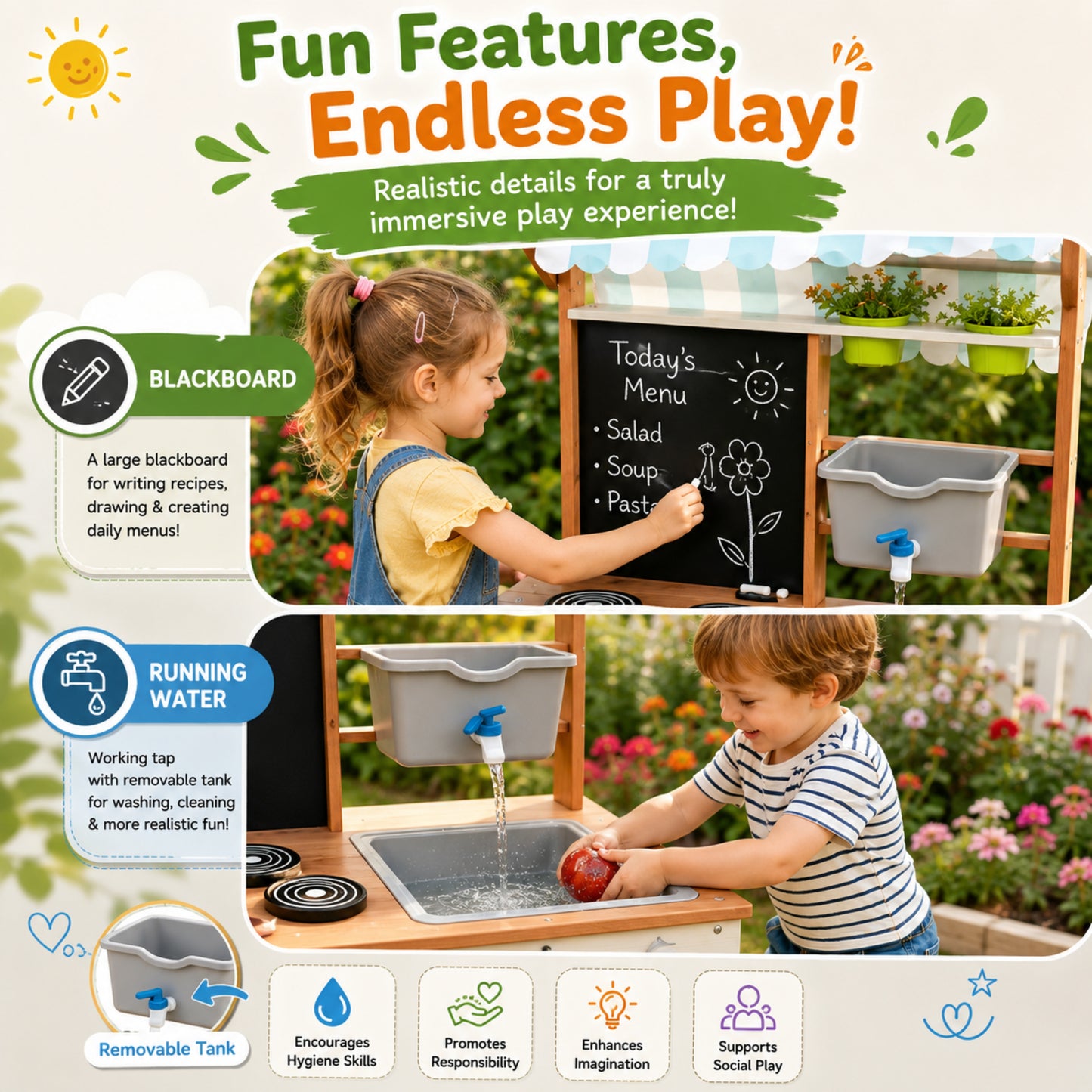 Little Teekie Wooden Mud Kitchen with Canopy, Blackboard & Running Water
