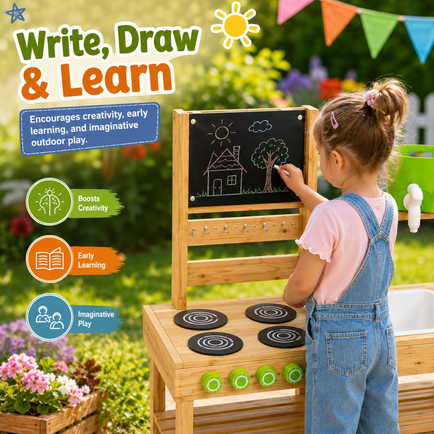 Little Teekie Wooden Outdoor Mud Kitchen with Blackboard