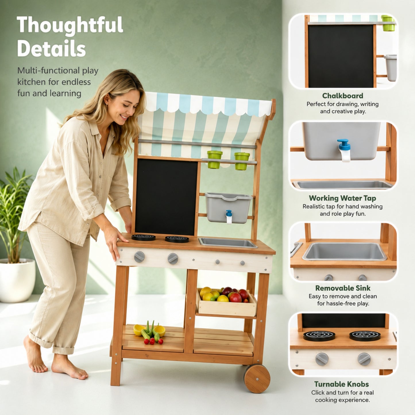 Little Teekie Wooden Mud Kitchen with Canopy, Blackboard & Running Water