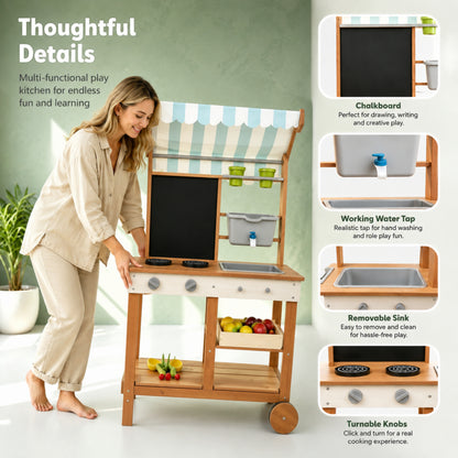 Little Teekie Wooden Mud Kitchen with Canopy, Blackboard & Running Water
