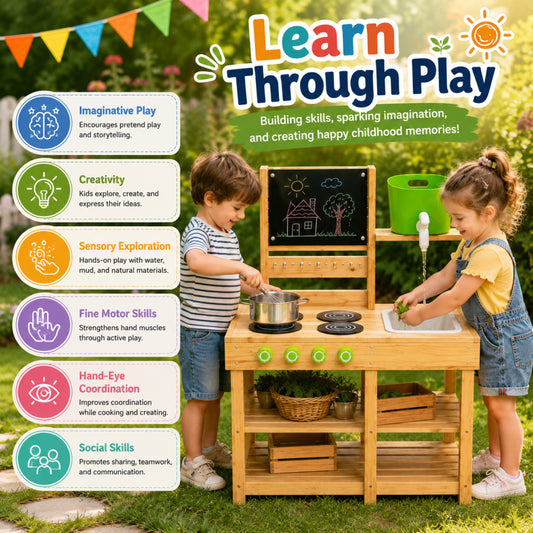 Little Teekie Wooden Outdoor Mud Kitchen with Blackboard