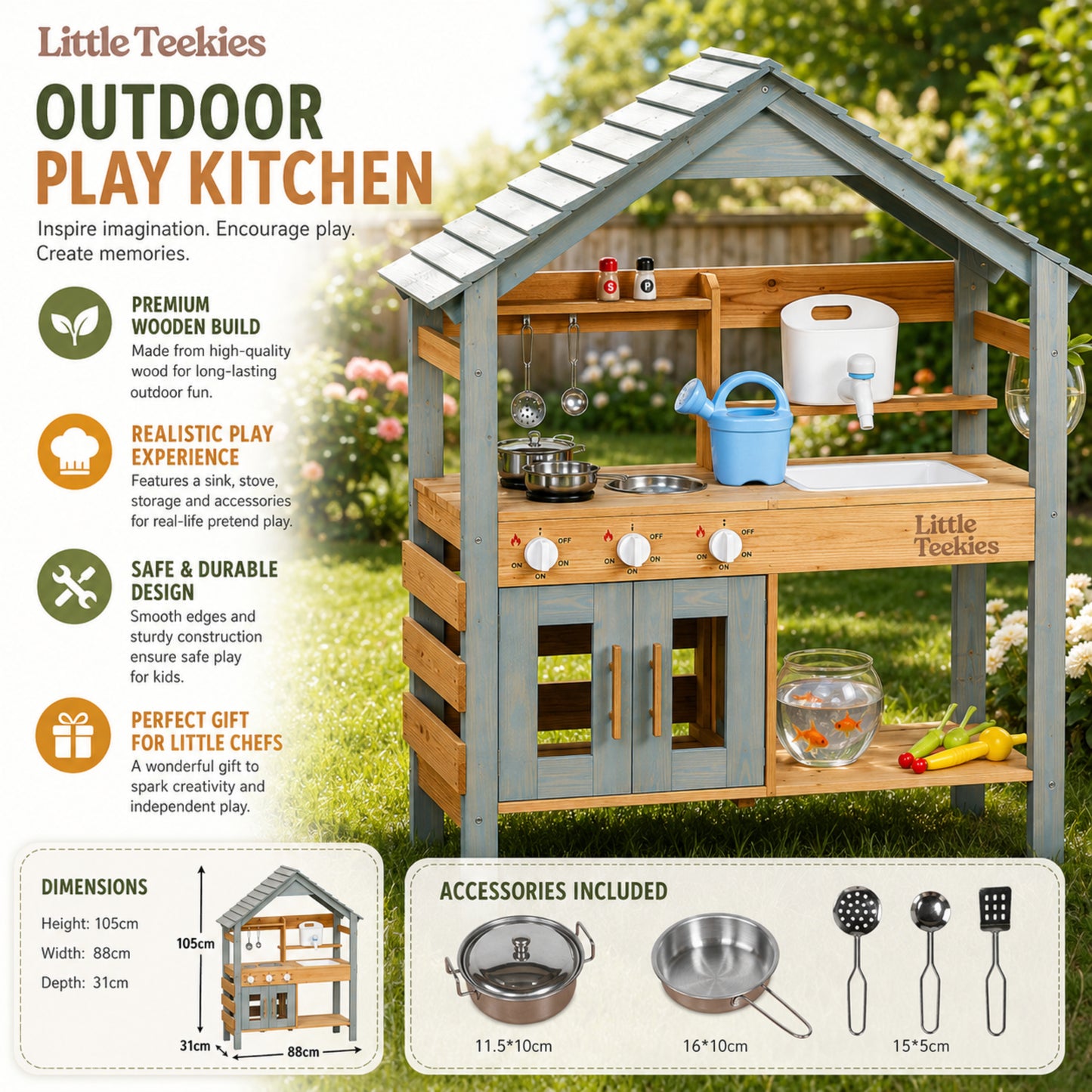 Little Teekie Wooden Mud Kitchen with Playhouse Roof
