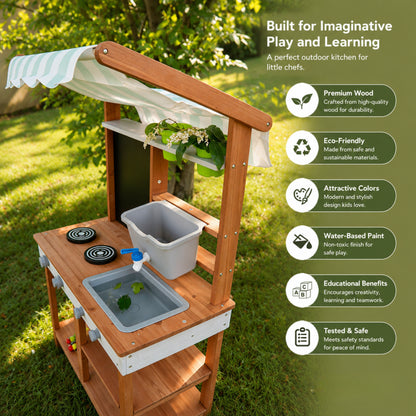 Little Teekie Wooden Mud Kitchen with Canopy, Blackboard & Running Water