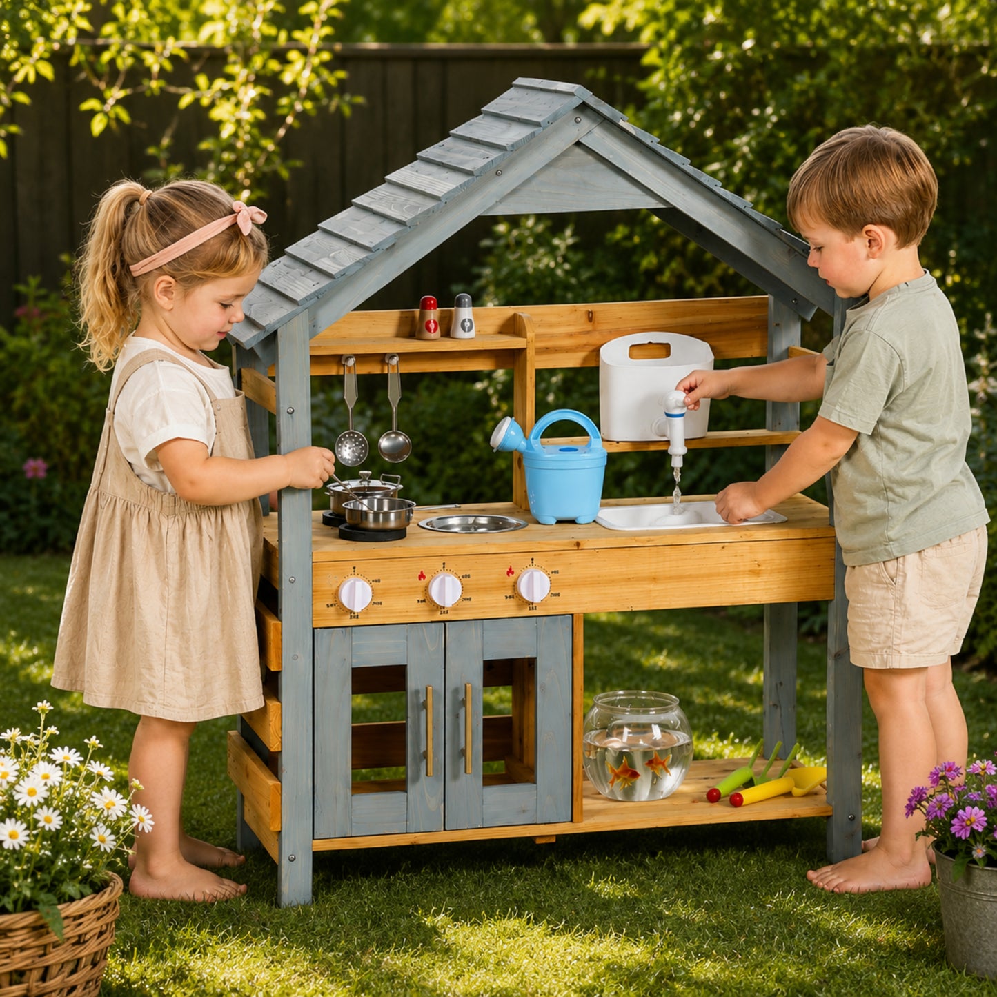 Little Teekie Wooden Mud Kitchen with Playhouse Roof