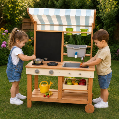 Little Teekie Wooden Mud Kitchen with Canopy, Blackboard & Running Water