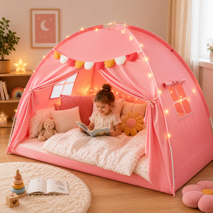 Little Teekie Twin Bed Play Tent with Star Lights and Flags