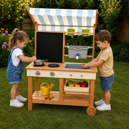 Little Teekie Wooden Mud Kitchen with Canopy, Blackboard & Running Water