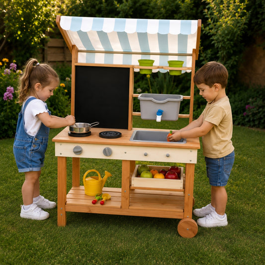 Little Teekie Wooden Mud Kitchen with Canopy, Blackboard & Running Water