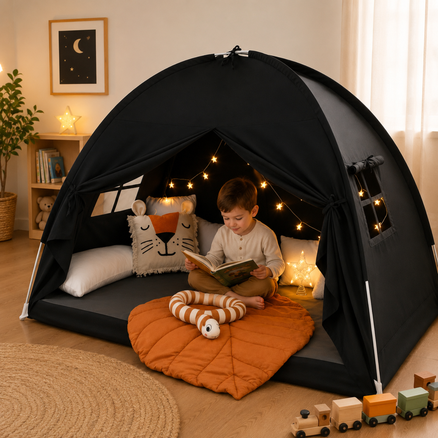 Little Teekie Twin Bed Play Tent with Star Lights and Flags