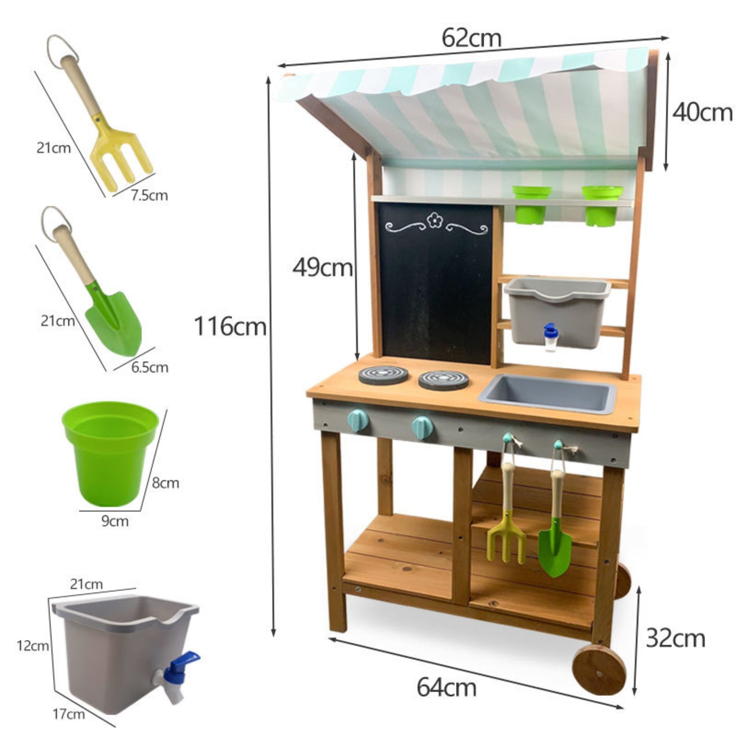 Little Teekie Wooden Mud Kitchen with Canopy, Blackboard & Running Water