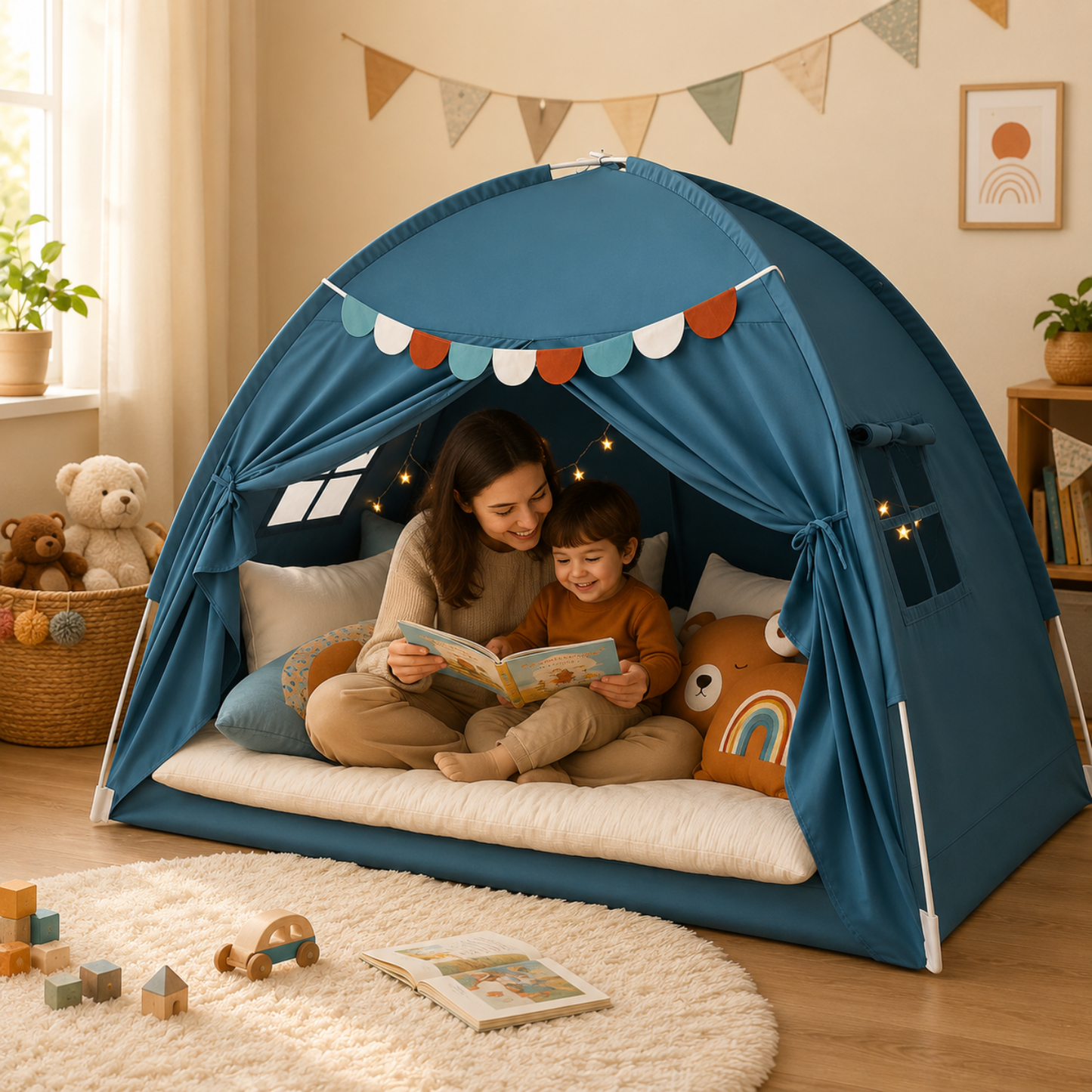 Little Teekie Twin Bed Play Tent with Star Lights and Flags
